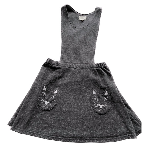 En Creme Cat Kitty Dress. Gray bib dress embroidered cats on pockets Size Medium - Picture 2 of 11